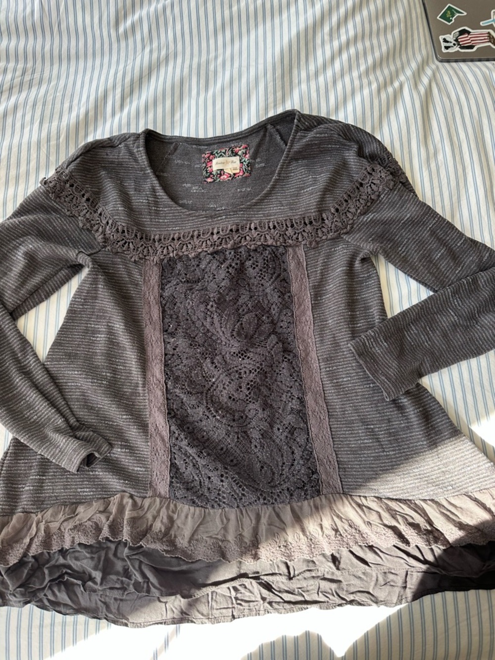 Anthropologie Charcoal Lace-Front Long Sleeve Blouse
